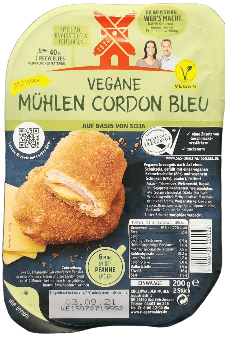 Ruegenwalder Muehle Vegane Muehlen Cordon Bleu freigestellt | Fleischersatz-Produkte.de