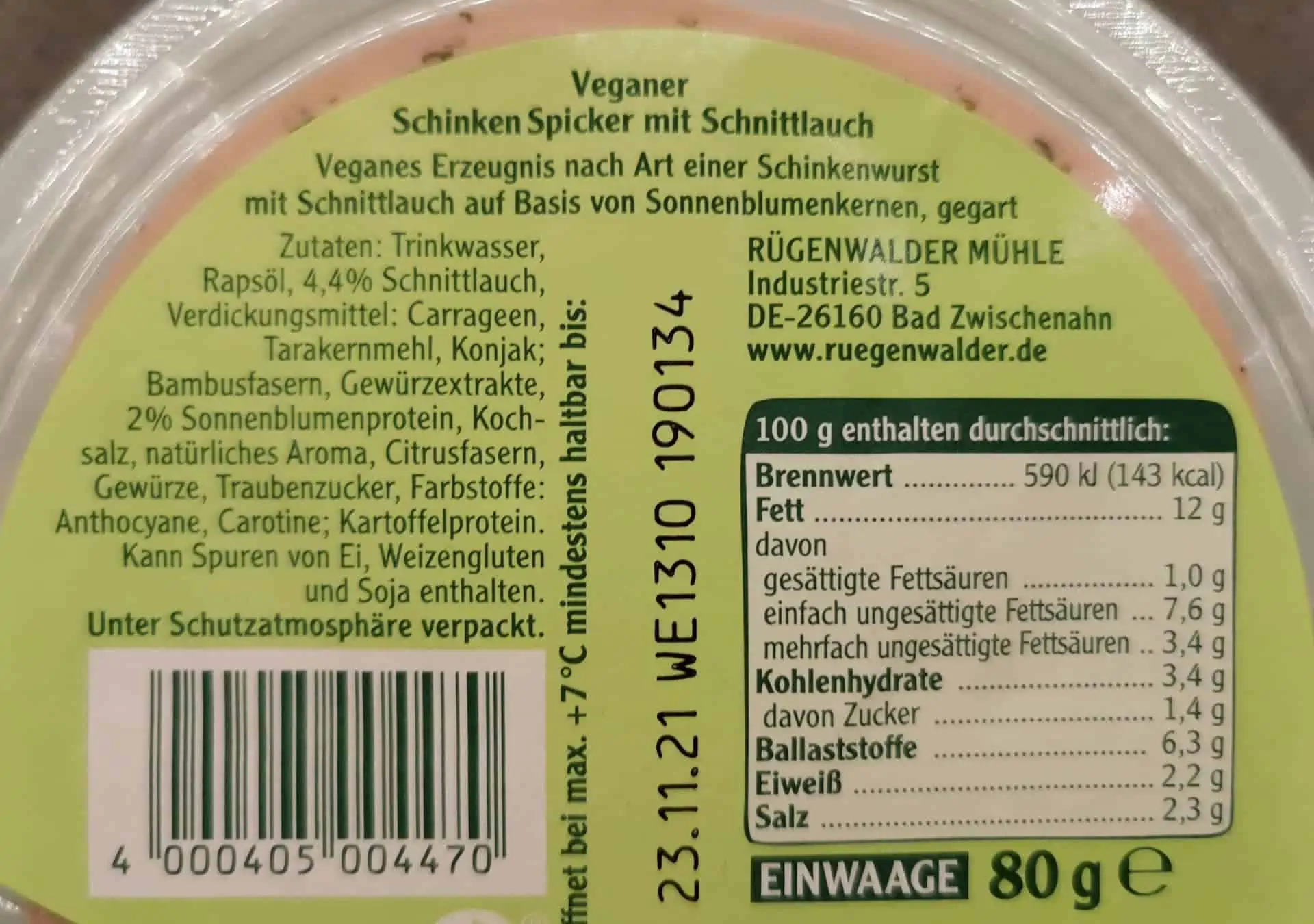 Rügenwalder Mühle: Veganer Schinkenspicker mit Schnittlauch Inhaltsstoffe & Zutaten