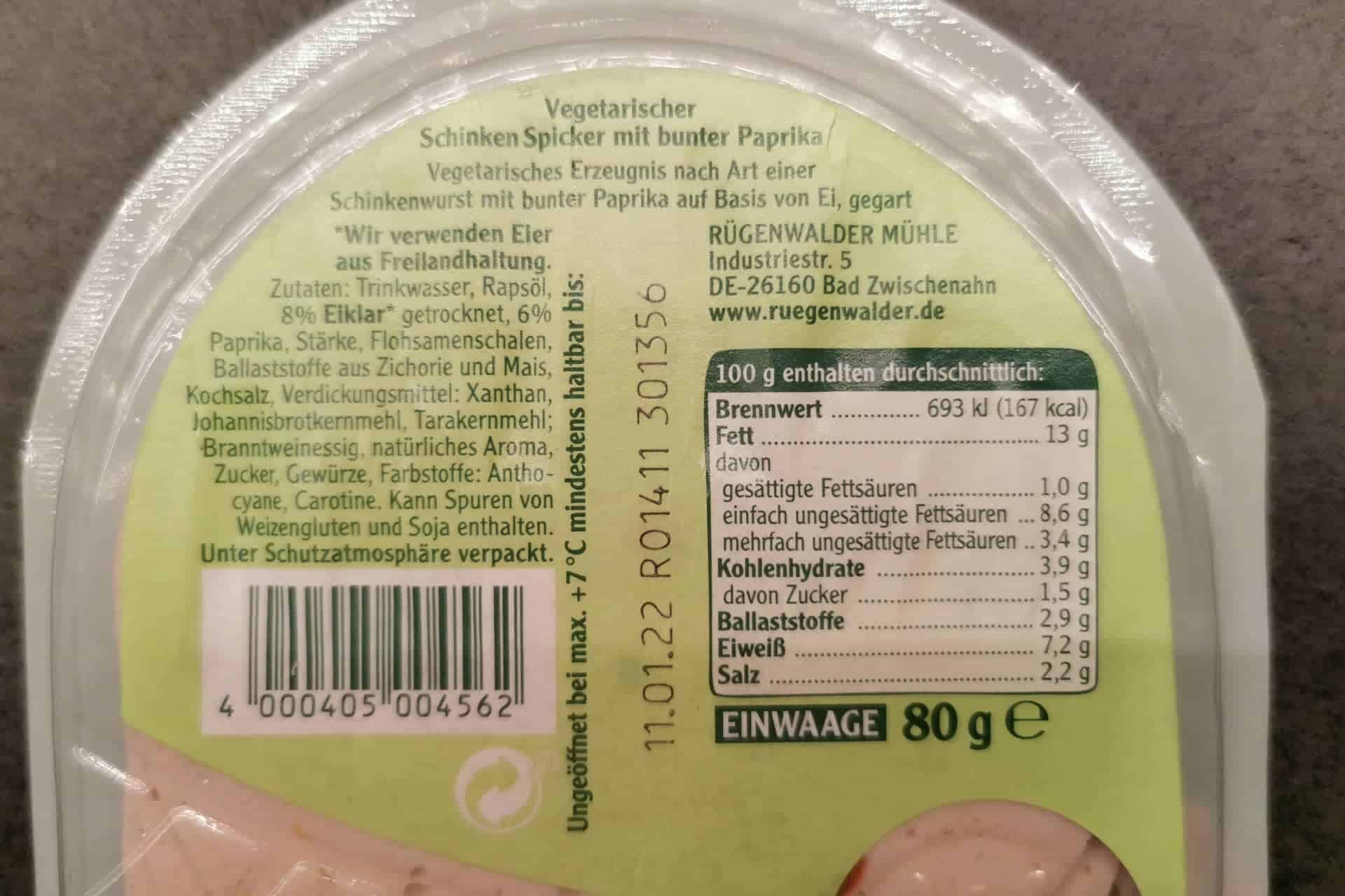 Rügenwalder Mühle: Vegetarischer Schinken Spicker mit bunter Paprika Inhaltsstoffe & Zutaten
