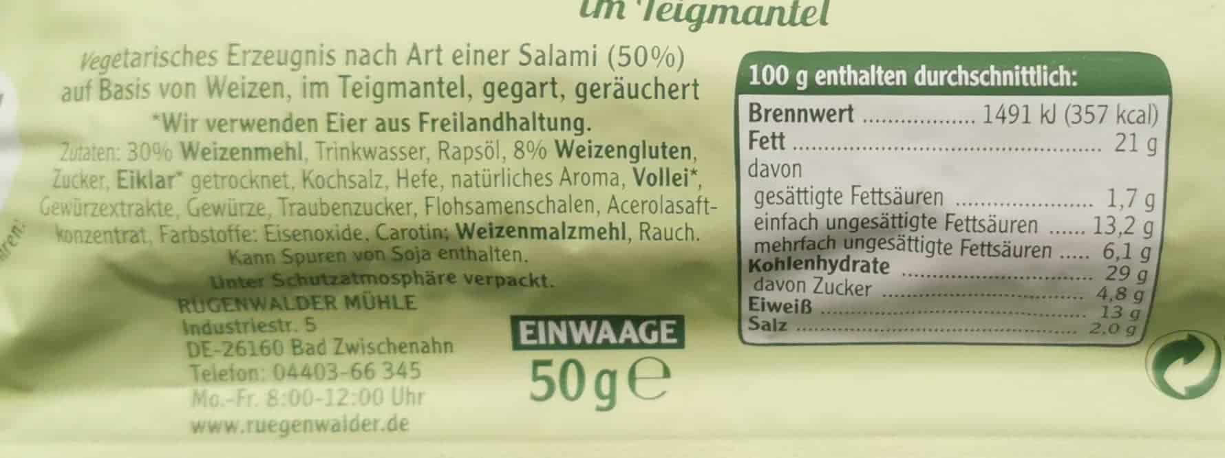 Rügenwalder Mühle: Vegetarischer Mühlen Snack Teigmantel Salami Zutaten