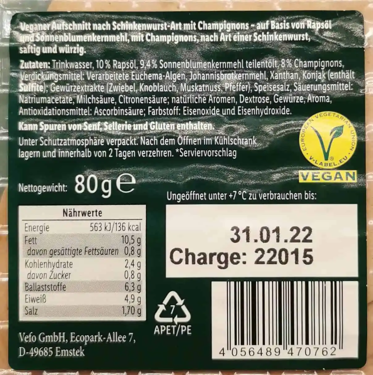 Vemondo: Veganer Aufschnitt Schinkenwurst Champignon Nährwerte und Inhaltsstoffe