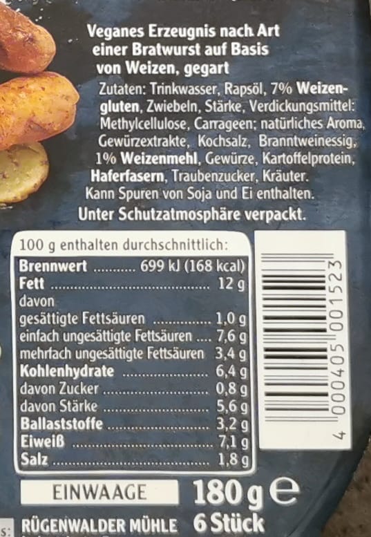 Rügenwalder Mühle: Vegane Mühlen Bratwurst Inhaltsstoffe & Nährwerte