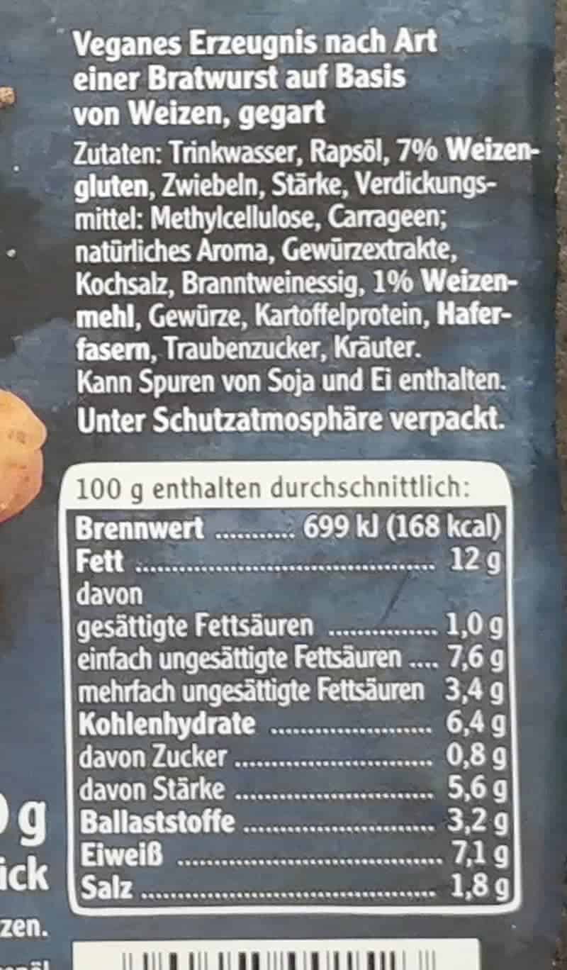 Rügenwalder Mühle: Vegane Rostbratwürstchen Inhaltsstoffe & Nährwerte