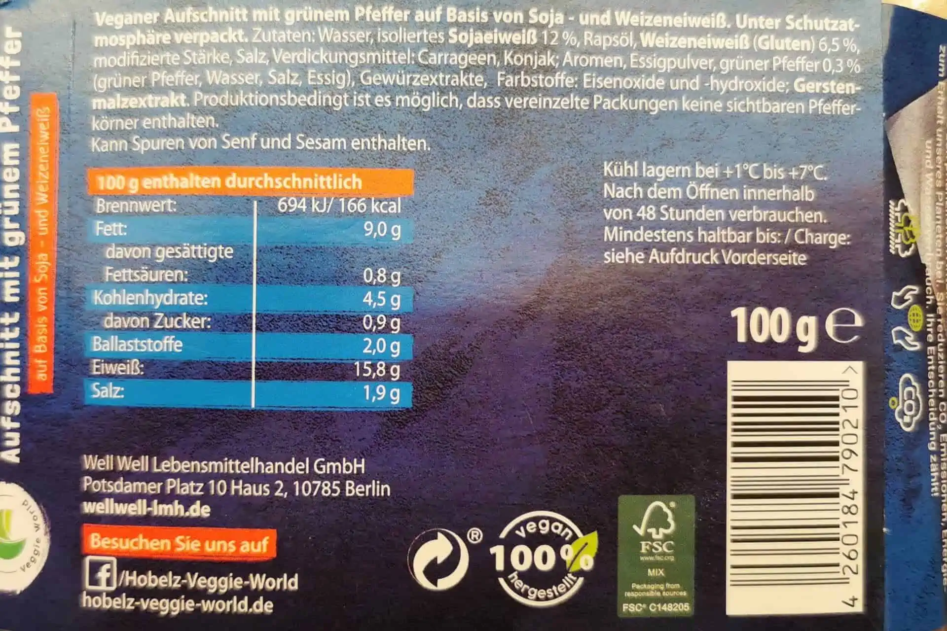 Hobelz - Veganer Aufschnitt grüner Pfeffer Inhaltsstoffe und Nährwerte