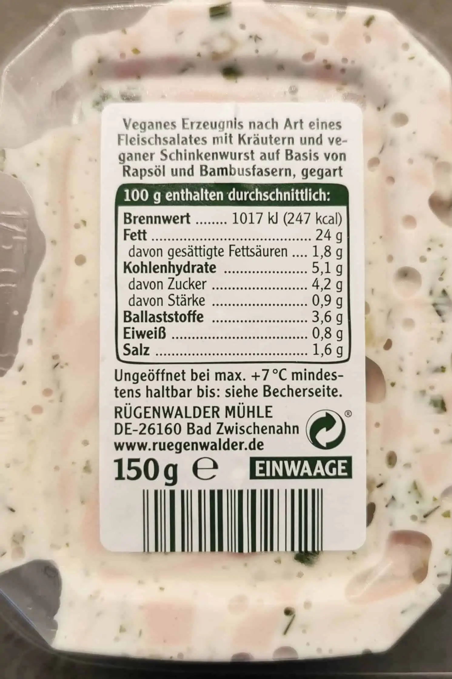 Rügenwalder Mühle: Veganer Schinken Spicker Salat Kräuter Zutaten und Nährwerte