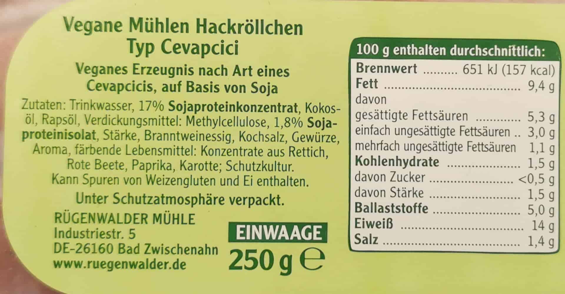 Rügenwalder Mühle: Vegane Mühlen Hackröllchen Cevapcici Inhaltsstoffe und Nährwerte