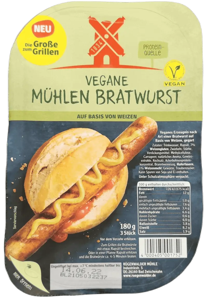 Ruegenwalder Muehle Vegane Muehlen Bratwurst Freisteller | Fleischersatz-Produkte.de