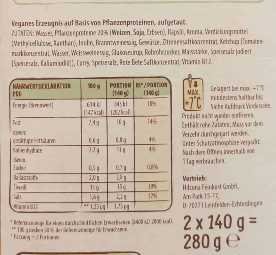The Green Mountain - Plant-Based Hähnchen Filet Inhaltsstoffe und Nährwerte