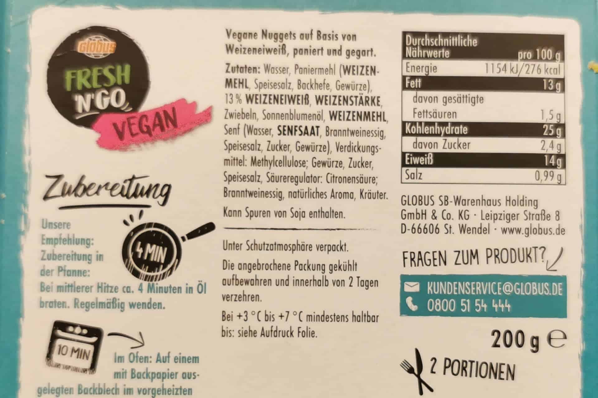 Globus Fresh 'n' go - Vegane Nuggets Inhaltsstoffe Nährwerte