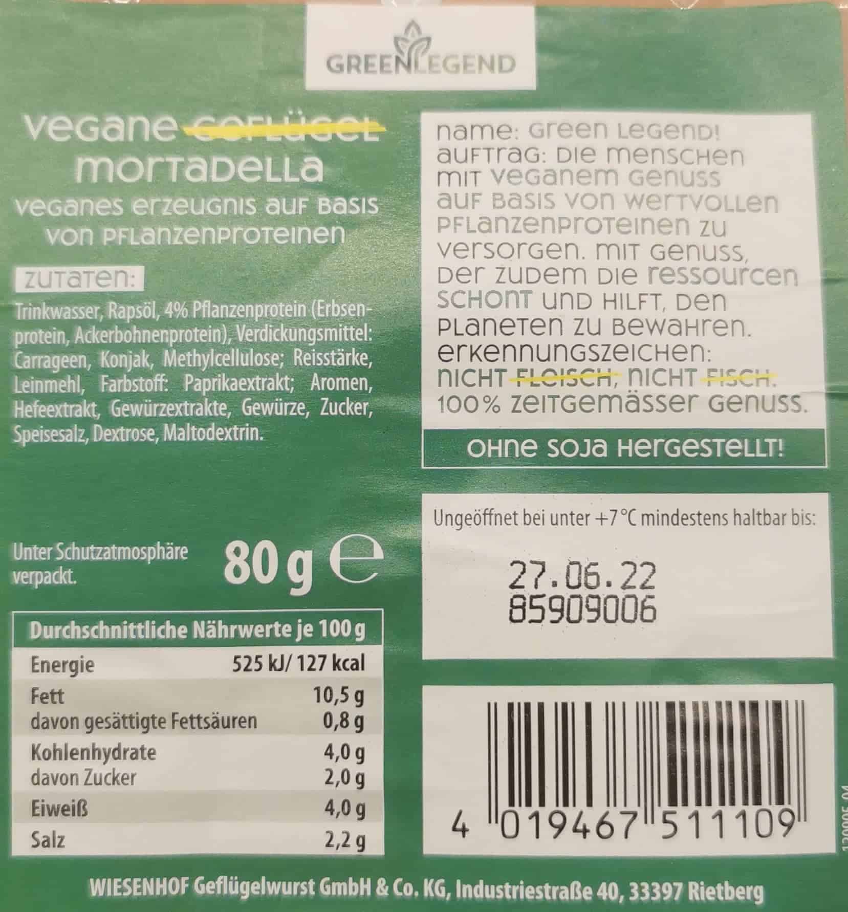 Green Legend - Vegane Mortadella Inhaltsstoffe und Nährwerte