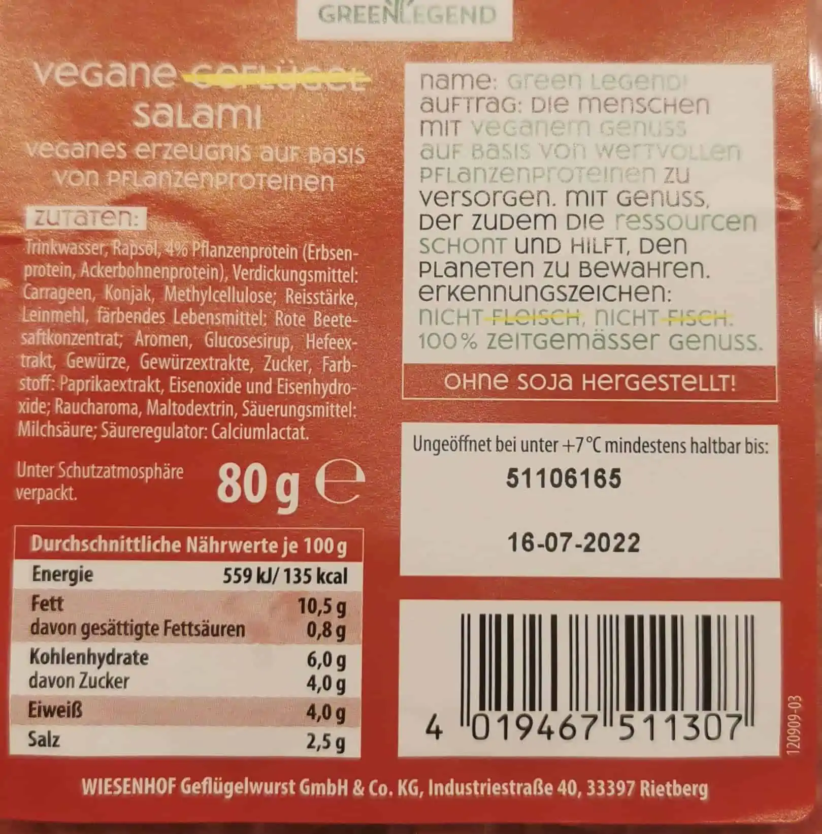 Green Legend - Vegane Salami Inhaltsstoffe und Nährwerte