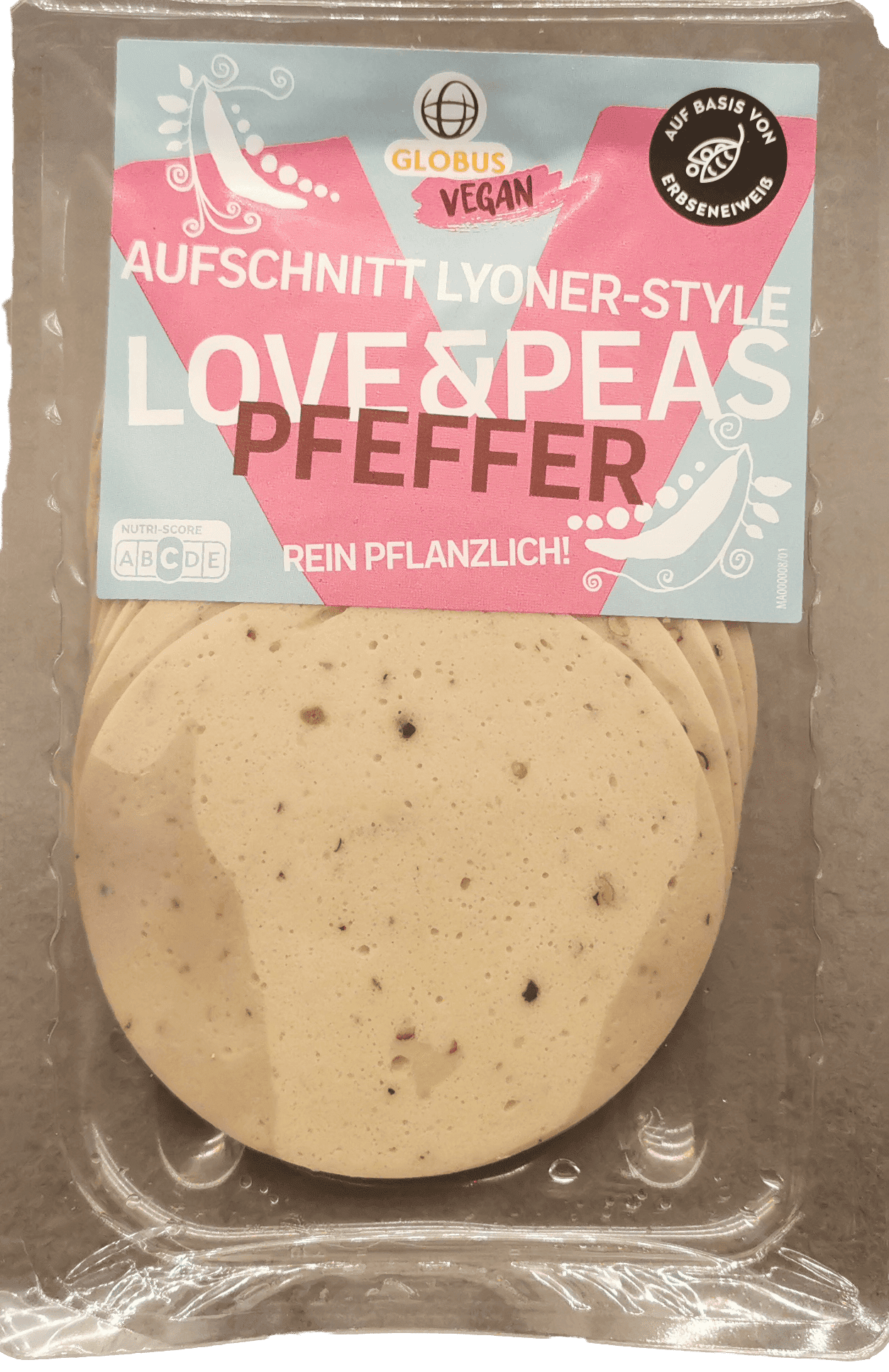 Globus Vegan Aufschnitt Lyoner Style Love Peas Pfeffer freigestellt | Fleischersatz-Produkte.de