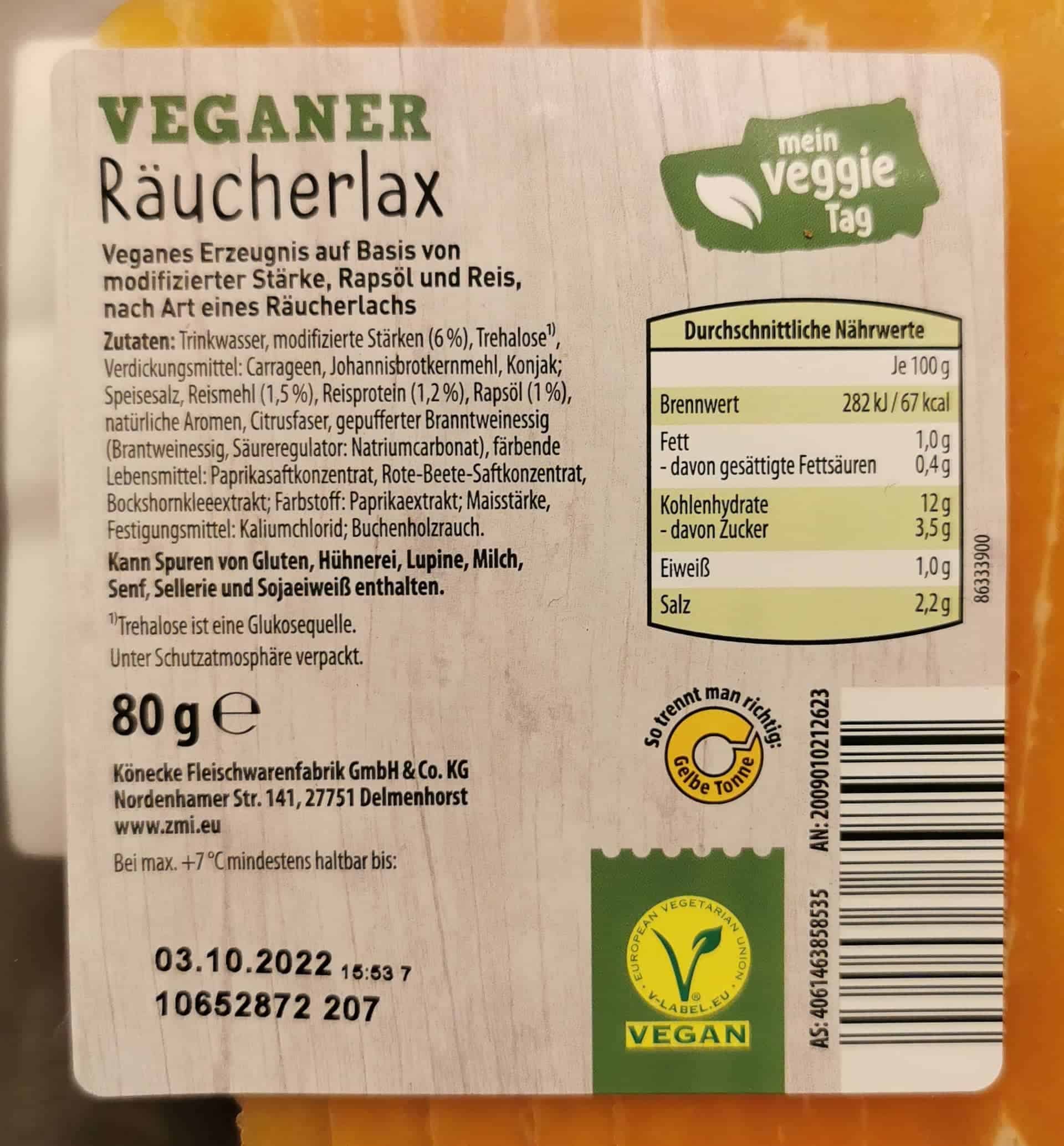 Mein Veggie Tag - Veganer Räucherlachs (Räucherlax) Inhaltsstoffe Nährwerte