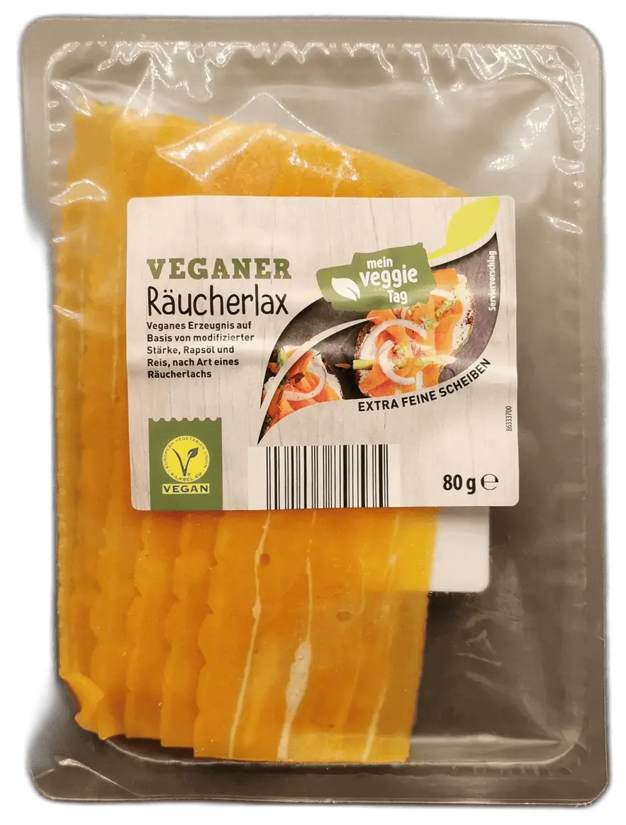 Mein Veggie Tag Veganer Raeucherlachs Raeucherlax freigestellt | Fleischersatz-Produkte.de