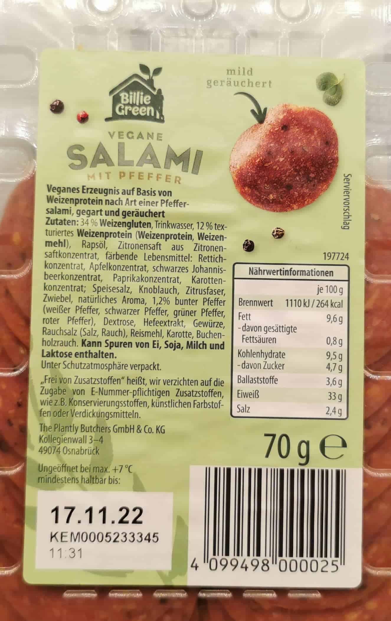 Vegane Salami mit Pfeffer von Billie Green: Inhaltsstoffe & Nährwerte