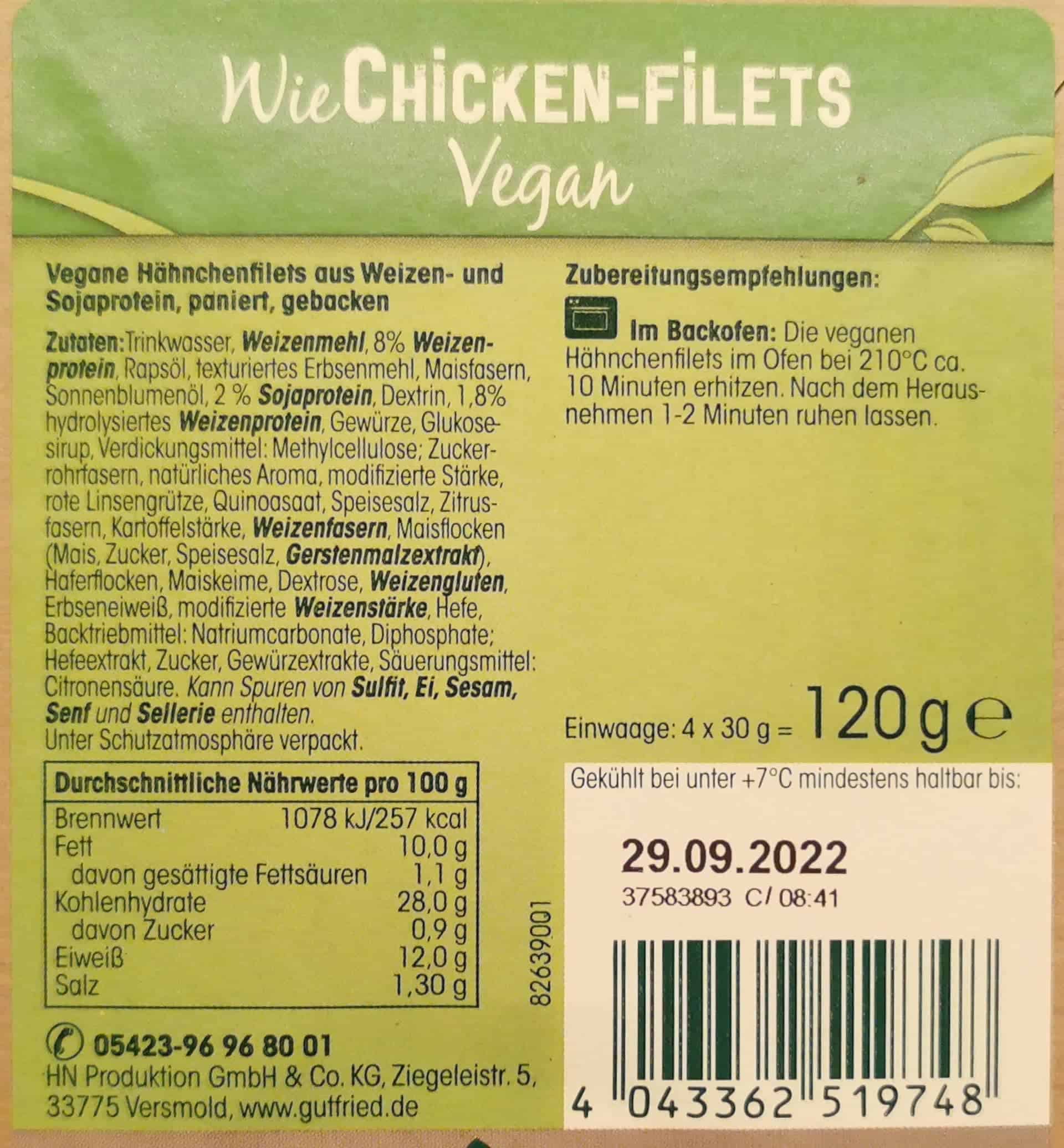 Gutfried: Vegane Wie-Chicken Filets Inhaltsstoffe + Nährwerte