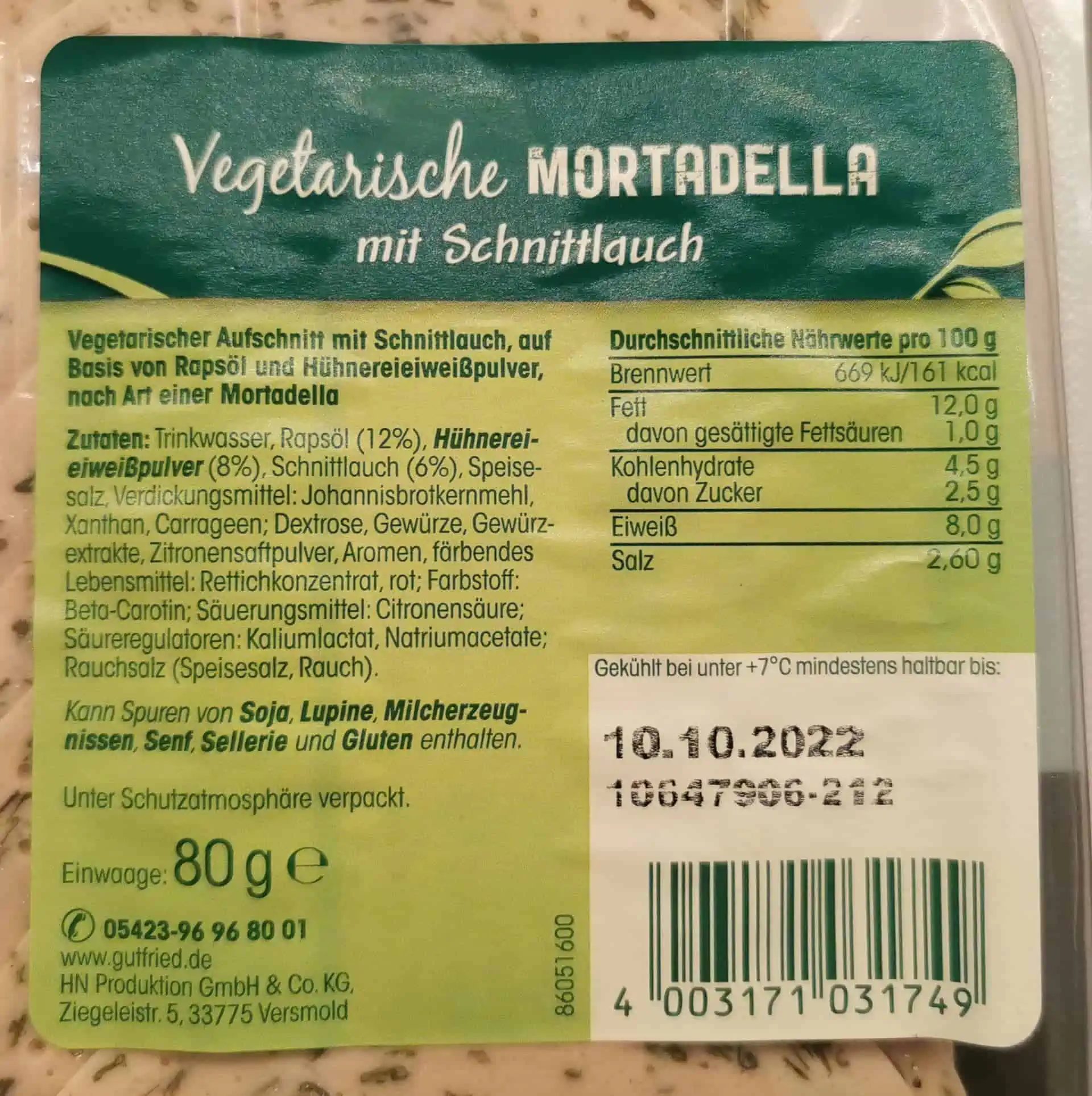 Gutfried - Vegetarische Mortadella mit Schnittlauch Zutaten Nährwerte