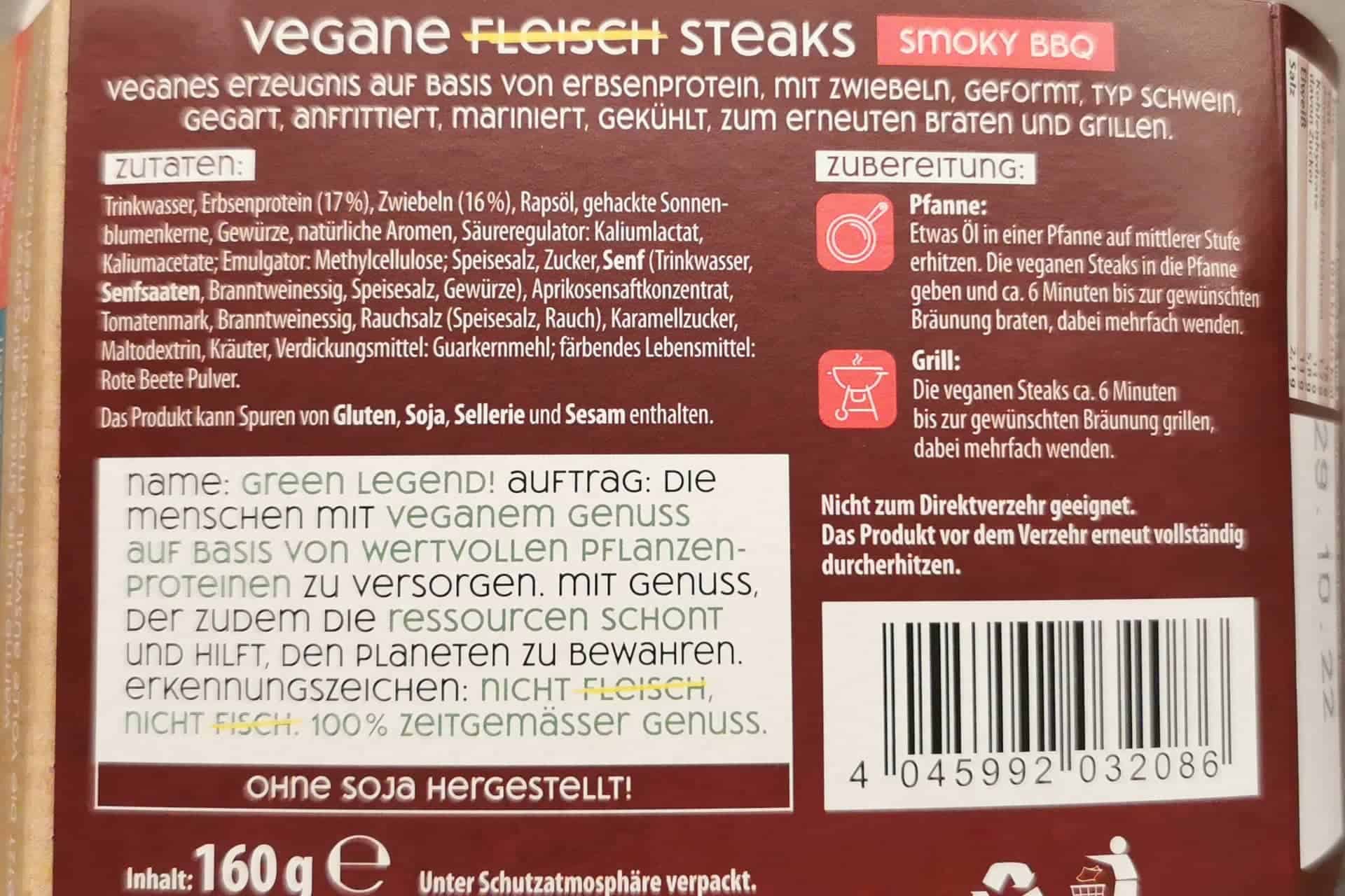 Green Legend - Vegane Steaks Smoky BBQ Inhaltsstoffe