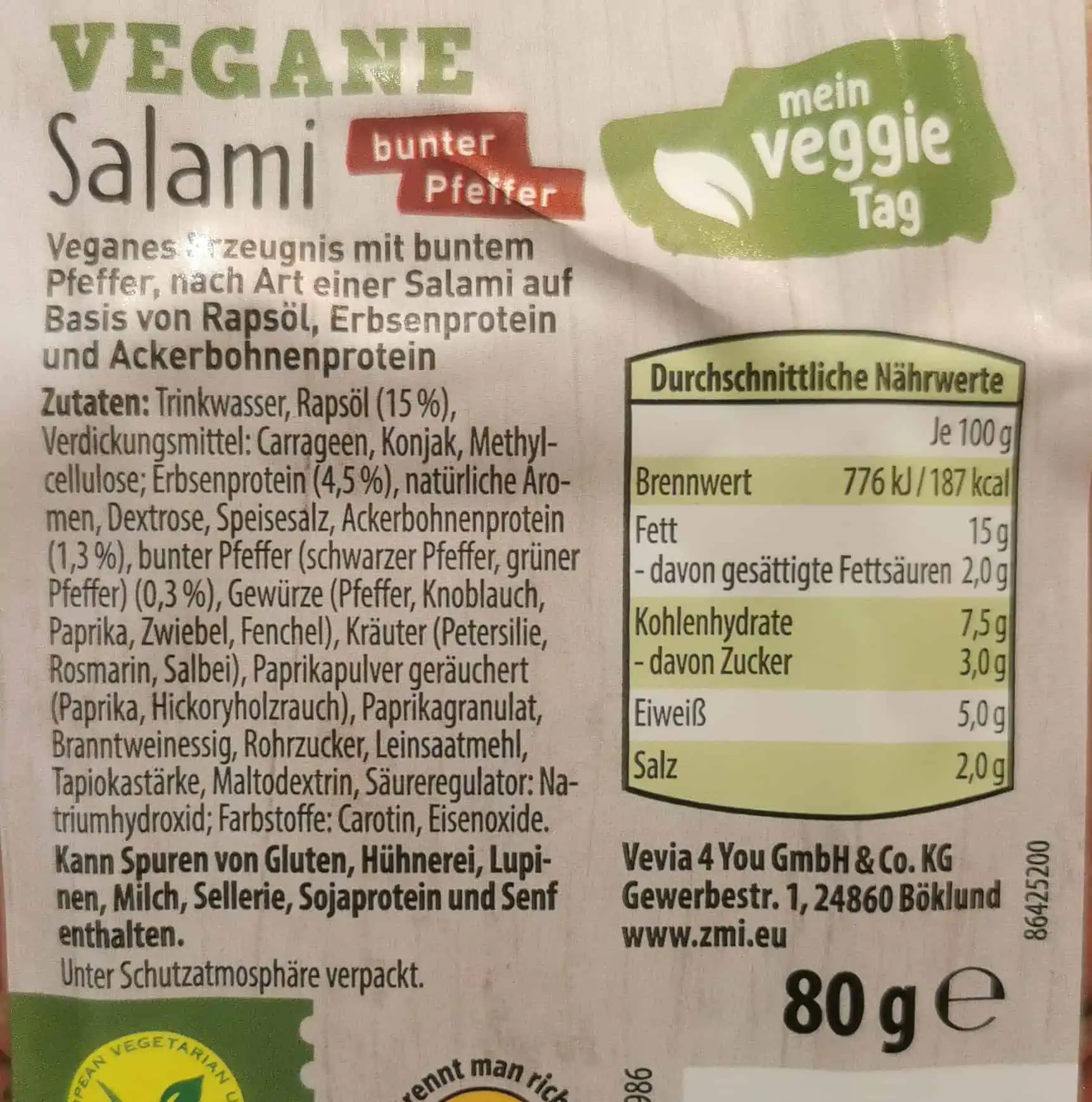 Mein Veggie Tag - Vegane Salami mit buntem Pfeffer Zutaten Nährwerte