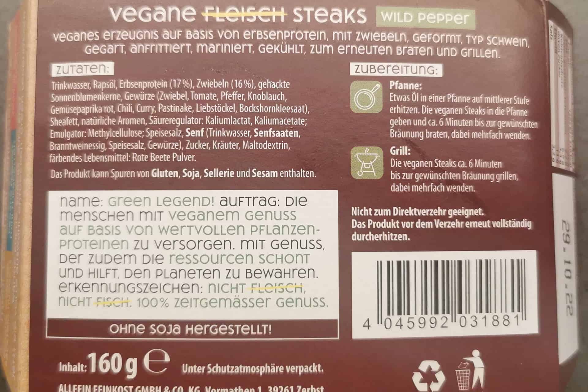 Green Legend - Vegane Steaks Pfeffer Inhaltsstoffe