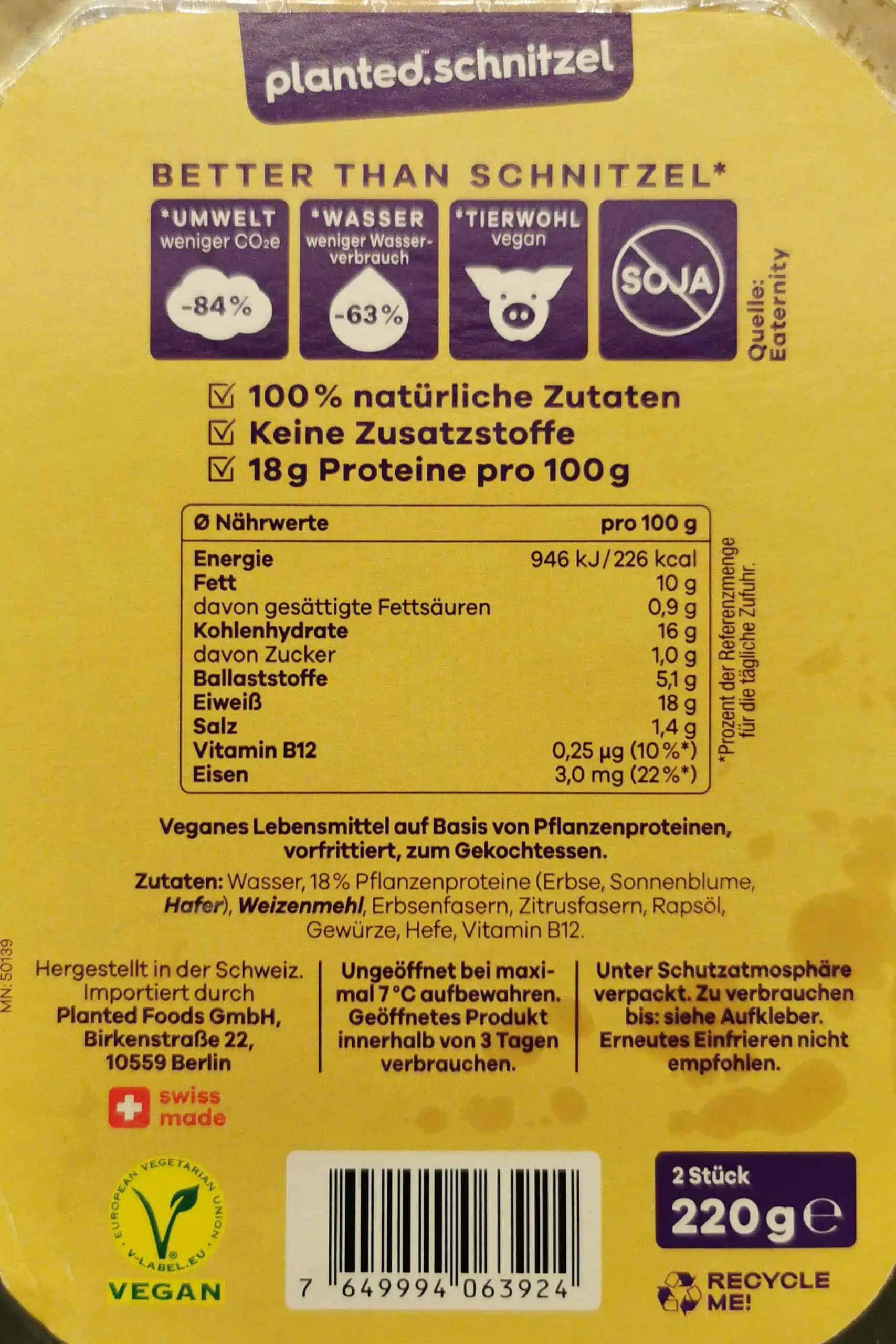 Planted Schnitzel Wiener Art Inhaltsstoffe und Nährwerte