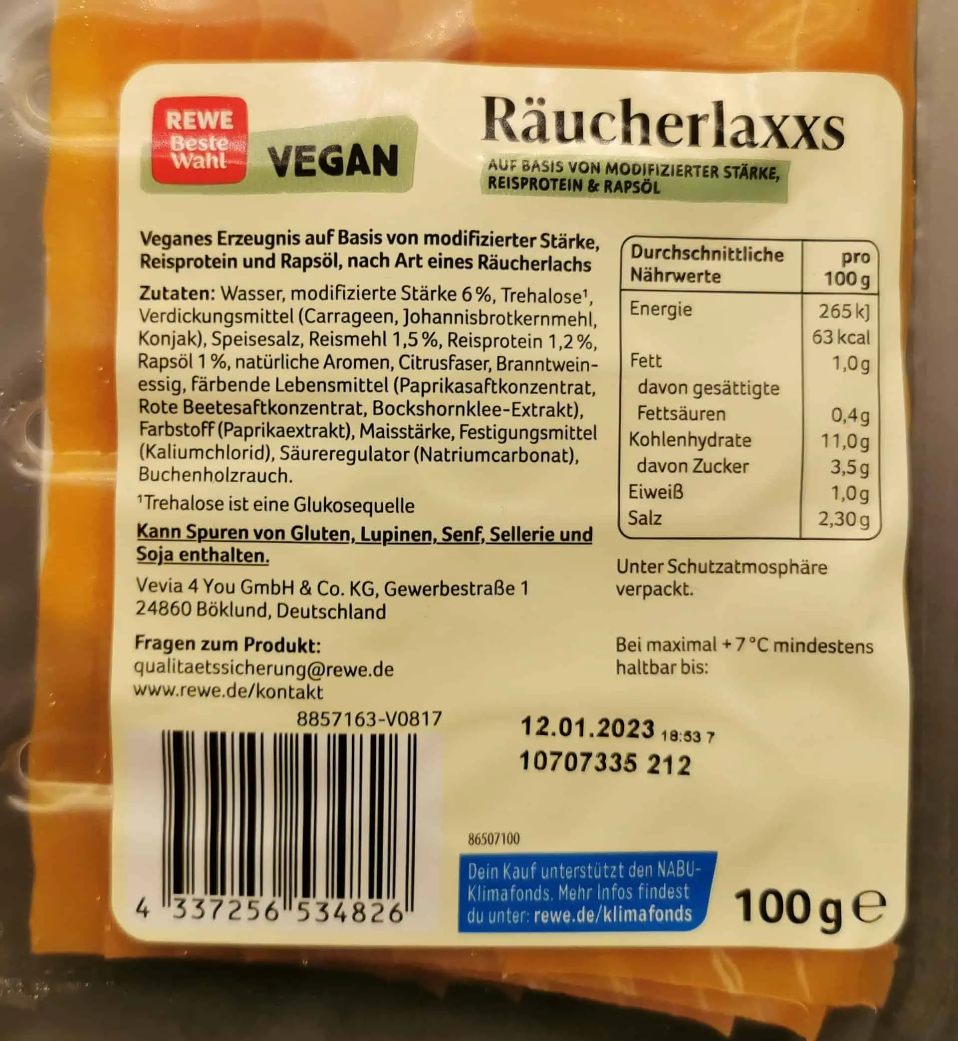 Rewe - Veganer Räucherlaxxs Inhaltsstoffe Nährwerte