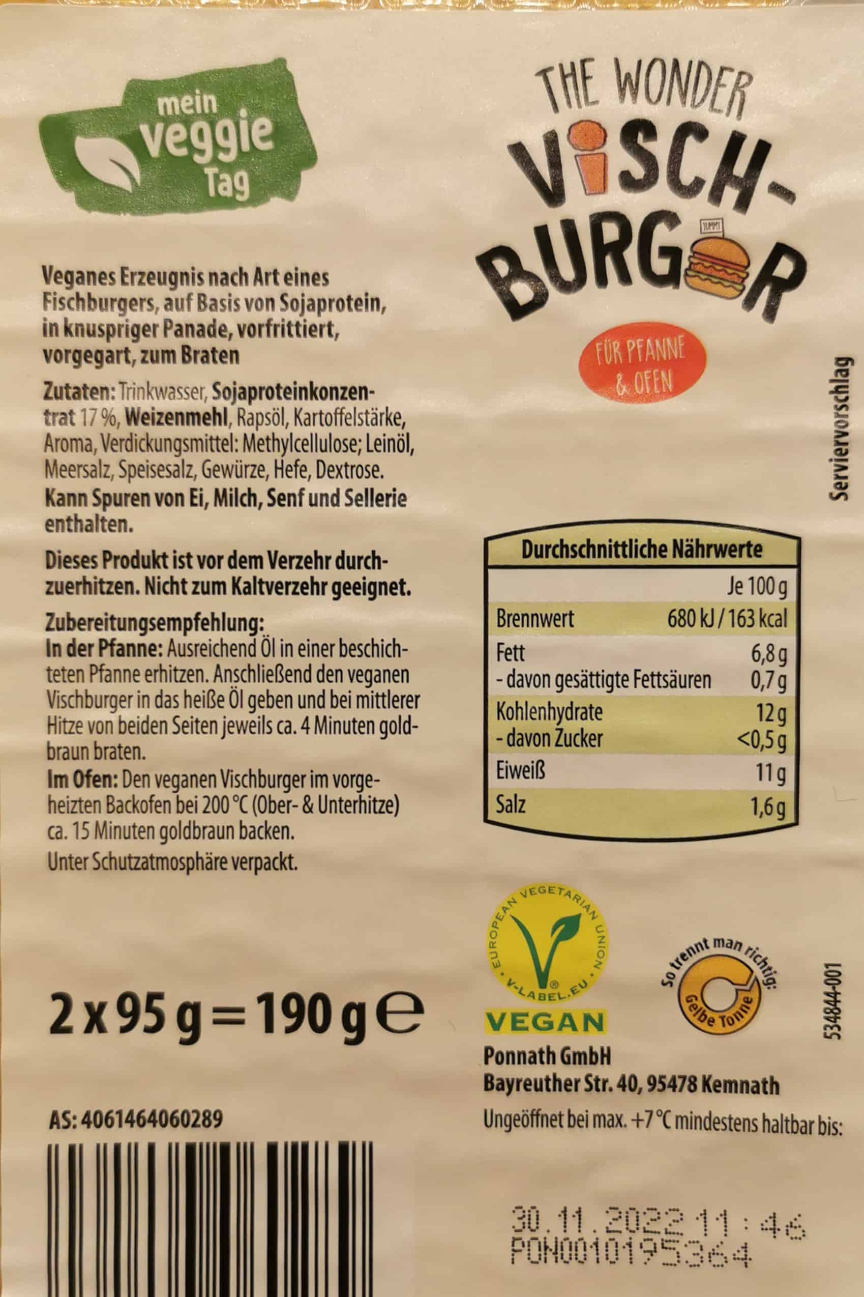 Mein Veggie Tag: The Wonder Visch Burger Zutaten & Inhaltsstoffe Nährwerte
