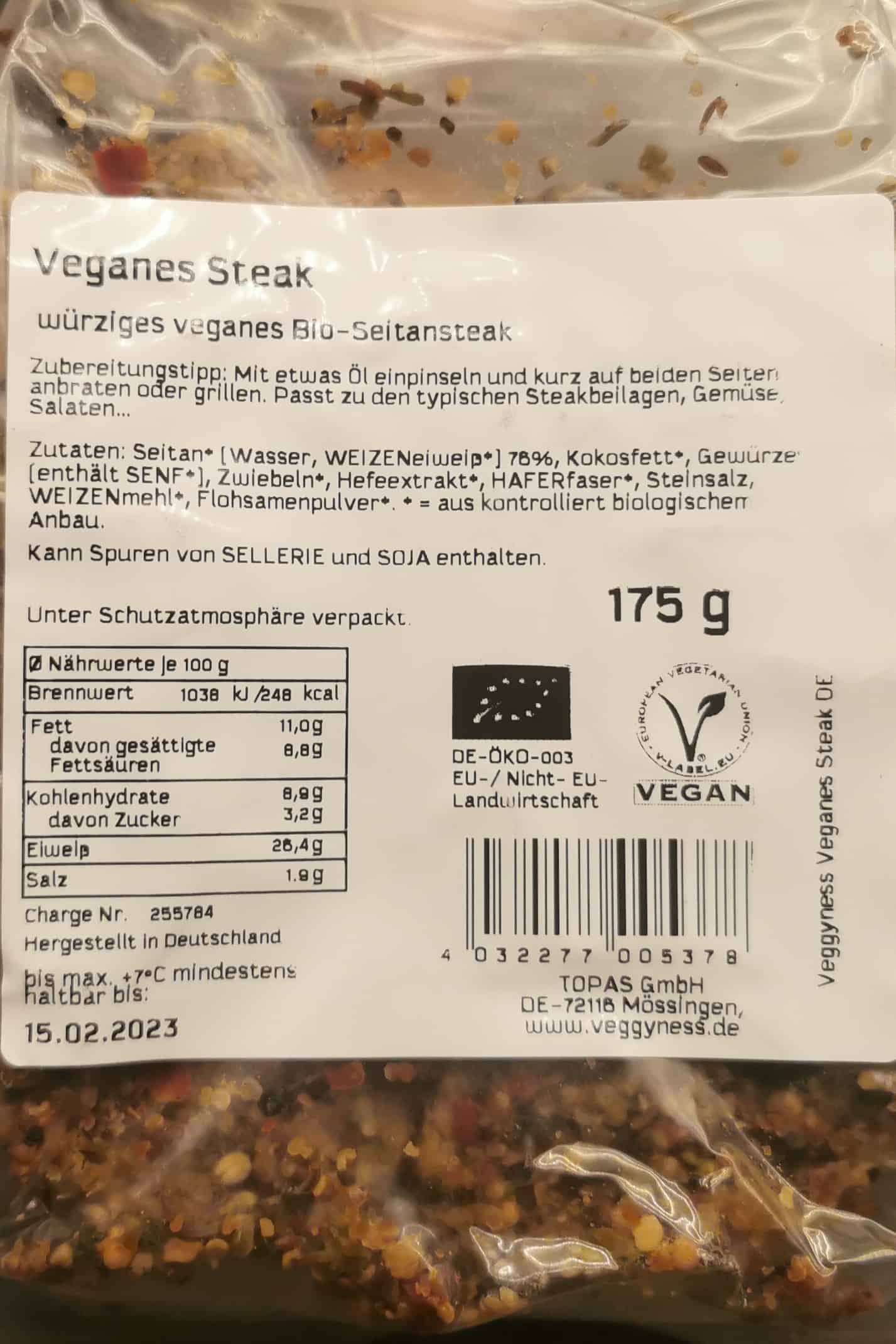 Veggyness - Veganes Steak Inhaltsstoffe Nährwerte
