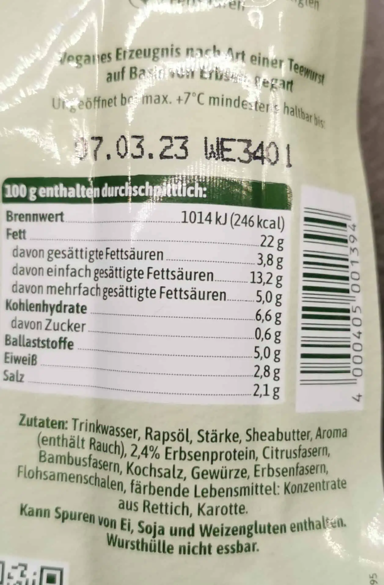 Rügenwalder Mühle: Vegane Teewurst fein Zutaten Nährwerte