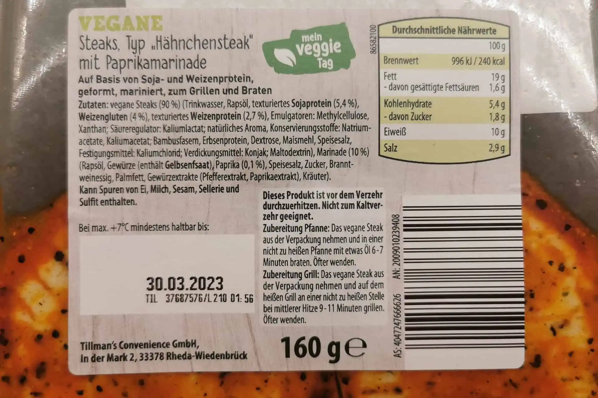 Aldi Nord - Vegane Hähnchensteaks Paprika Zutaten & Inhaltsstoffe Nährwerte
